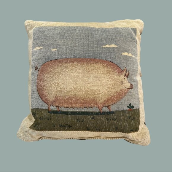 Two Farmyard Woven Decorative 18" Throw Pillows Sheep Pig Farmhouse Country EUC - Picture 4 of 13